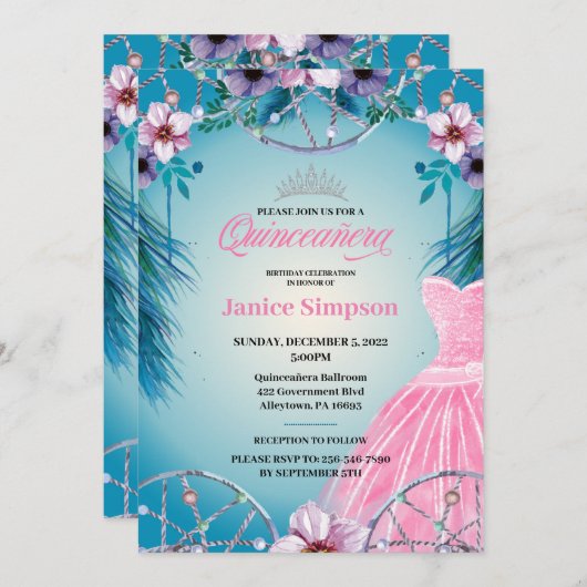 Spaans Quinceañera veer Dream catcher roze Inv Kaart (Voorkant / Achterkant)