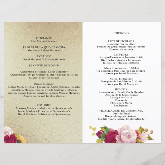 Spaans "Red Gold Yellow Floral Quinceanera"-progra (Achterkant)