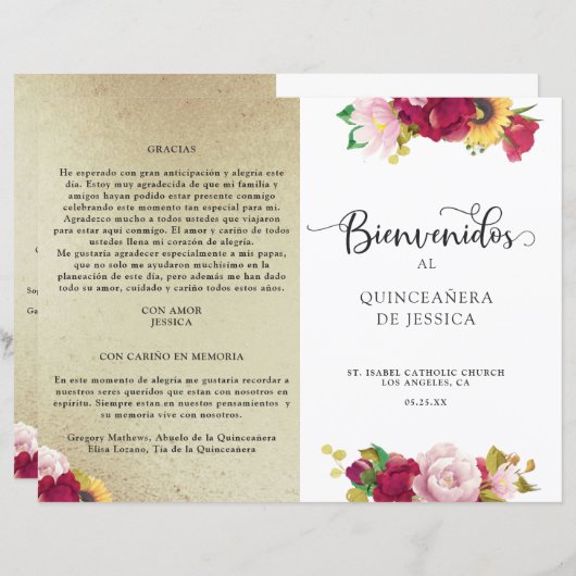 Spaans "Red Gold Yellow Floral Quinceanera"-progra (Voorkant / Achterkant)