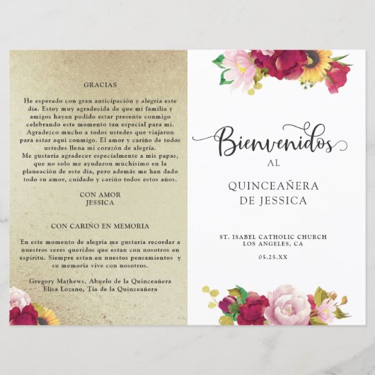 Spaans "Red Gold Yellow Floral Quinceanera"-progra (Voorkant)