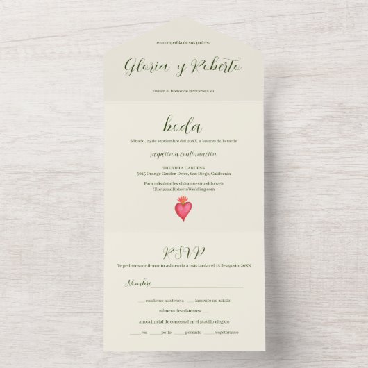 Spaans, Rode Hart & Bloem Mexicaanse Bruiloft All In One Uitnodiging (Binnen)