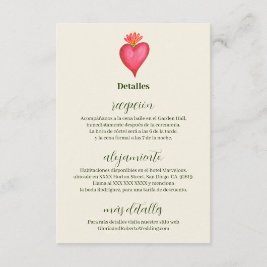 Spaans, Rode Hart & Bloem Mexicaanse Bruiloft Informatiekaartje (Voorkant)