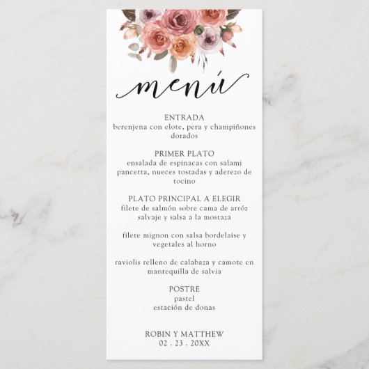 Spaans, Roos Goud en Blush Roze Bloemen Menu (Voorkant)