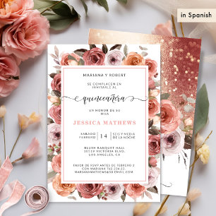 Spaans Roos Goud Quinceañera Roze, Blush Bloemen Kaart