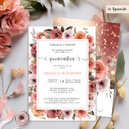 Spaans Roos Goud Quinceañera Roze, Blush Bloemen Kaart