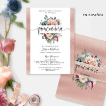 Spaans, Roos Gouden Pastel Bloemen Quinceañera Inv