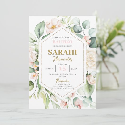 Spaans Roze Bloemen Doop meisje uitnodiging (Staand voorkant)