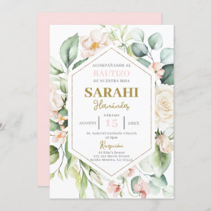 Spaans Roze Bloemen Doop meisje uitnodiging
