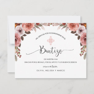 Spaans Roze Bloemen Meisje Doop Dank u Bedankkaart