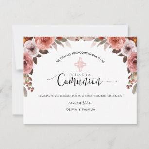 Spaans Roze Bloemen Meisje Eerste Communie Dank u Bedankkaart