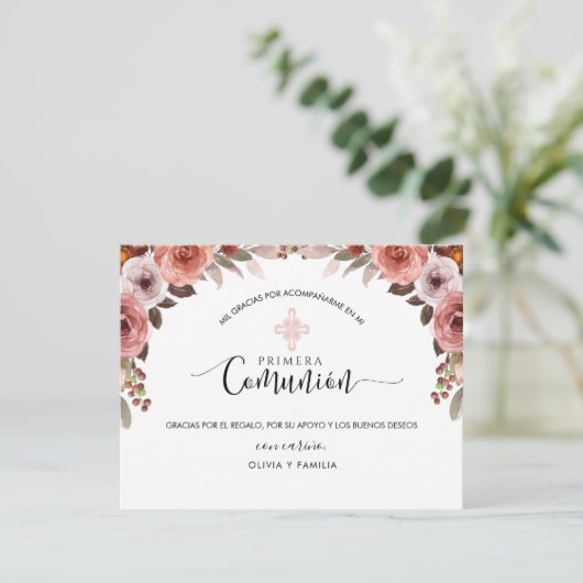 Spaans Roze Bloemen Meisje Eerste Communie Dank u Bedankkaart (Staand voorkant)