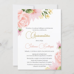 Spaans Roze Bloemen Quinceanera uitnodiging