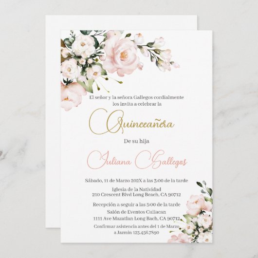 Spaans Roze Bloemen Quinceanera uitnodiging (Voorkant / Achterkant)