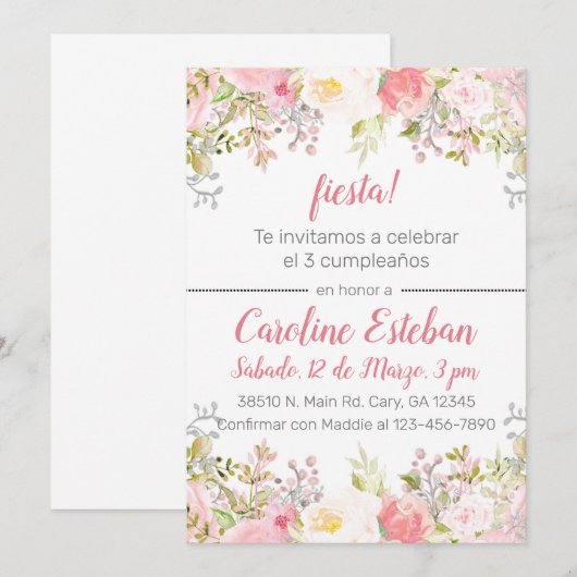 Spaans roze bloemen rozen verjaardagsuitnodiging. kaart (Voorkant / Achterkant)