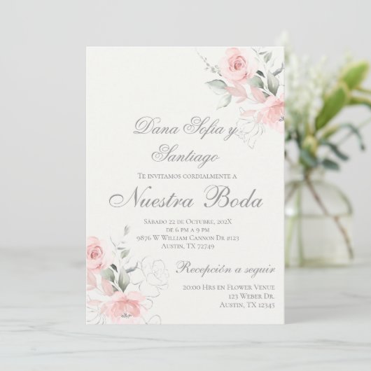 Spaans roze bloemenbruiloft kaart (Staand voorkant)