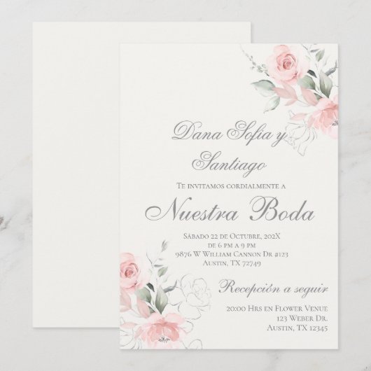 Spaans roze bloemenbruiloft kaart (Voorkant / Achterkant)