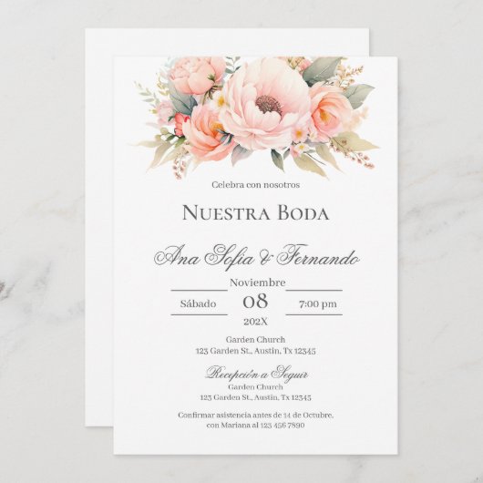 Spaans roze bloemenbruiloft kaart (Voorkant / Achterkant)