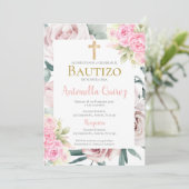 Spaans roze bloemendoop meisje kaart (Staand voorkant)