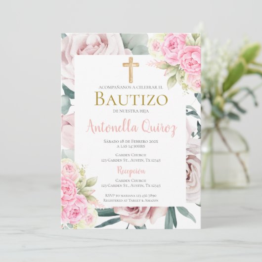 Spaans roze bloemendoop meisje kaart (Staand voorkant)