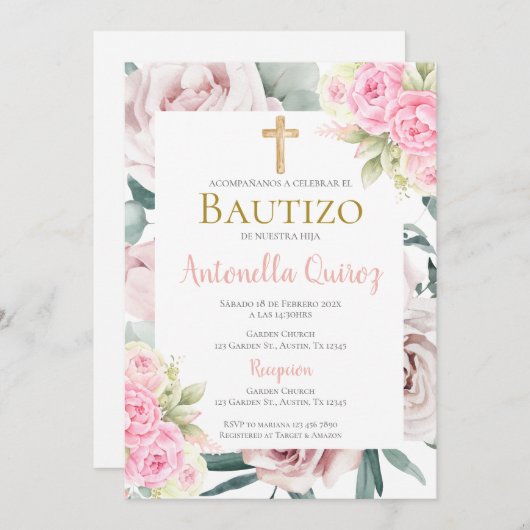 Spaans roze bloemendoop meisje kaart (Voorkant / Achterkant)