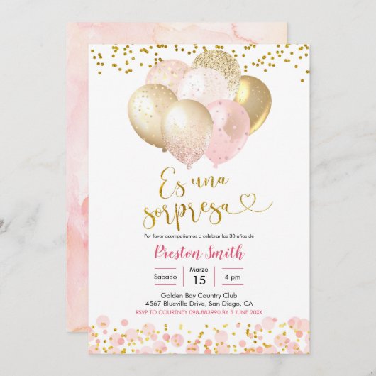 Spaans Roze Blush ballon Sorpresa Uitnodiging (Voorkant / Achterkant)