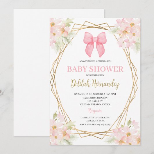Spaans roze blush floral baby shower uitnodiging (Voorkant / Achterkant)