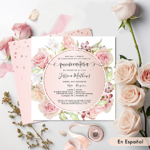 Spaans, Roze, Blush, Roos Gold Floral Quinceanera Kaart