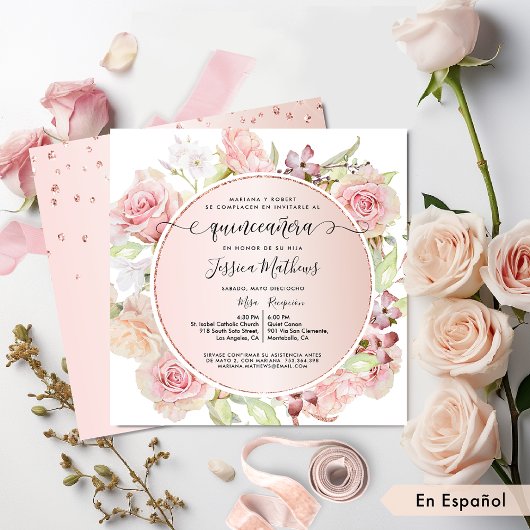 Spaans, Roze, Blush, Roos Gold Floral Quinceanera Kaart