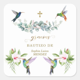 Spaans Roze Hibiscus Flowers Eucalyptus Bautizo Vierkante Sticker