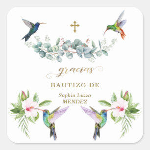 Spaans Roze Hibiscus Flowers Eucalyptus Bautizo Vierkante Sticker