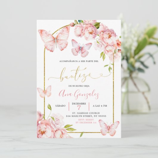 Spaans roze pioen bloemige vlinder meisje bautizo kaart