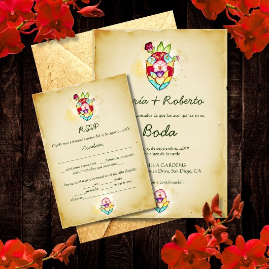 Spaans, Rustic Heart Mexicaanse Trouw RSVP Kaart