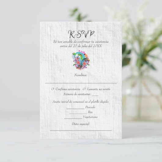 Spaans, rustiek hart Mexicaanse bruiloft RSVP Kaartje (Staand voorkant)