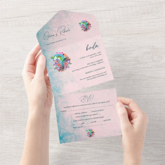 Spaans, rustieke bloemen hart Mexicaanse bruiloft  All In One Uitnodiging (Afscheurbaar)