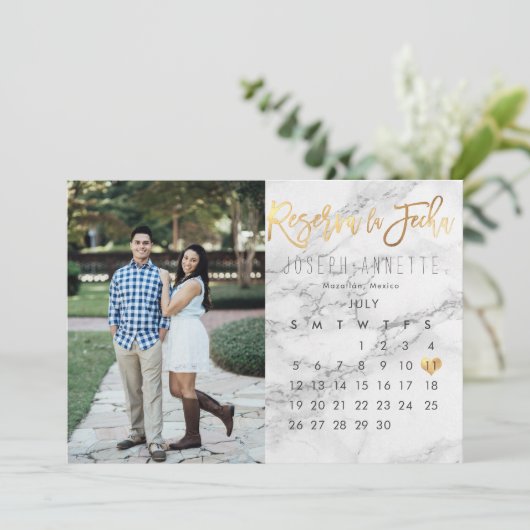 Spaans Save the Date Kalender Marmer faux goud Kaart (Staand voorkant)