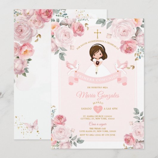 Spaans Schattige Meisje Roze Primera Comunión Kaart (Voorkant / Achterkant)
