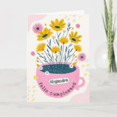 Spaans Schattige Roze Koffie Mok Planter Verjaarda Kaart (Voorkant)