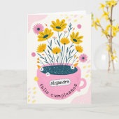 Spaans Schattige Roze Koffie Mok Planter Verjaarda Kaart (Gele Bloem)