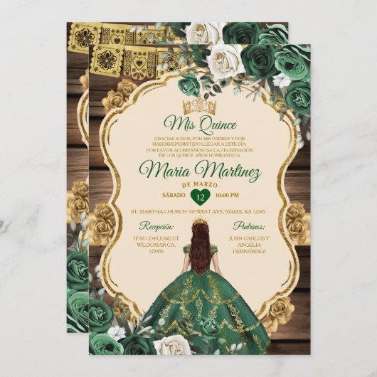 Spaans Smaragd Groen Bloemenhout Quiñceanera Kaart (Voorkant / Achterkant)