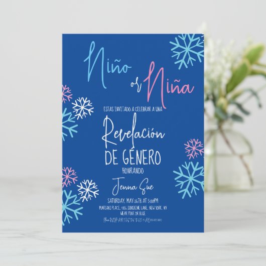 Spaans Snowflakes Roze Blauw Geslacht Winterspelen Kaart (Staand voorkant)