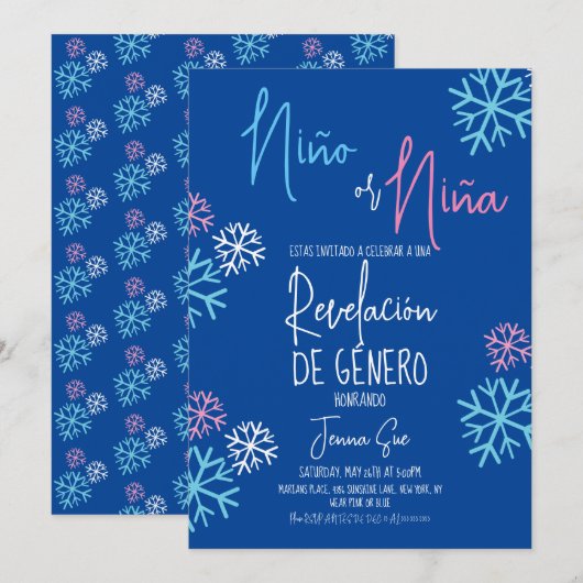 Spaans Snowflakes Roze Blauw Geslacht Winterspelen Kaart (Voorkant / Achterkant)