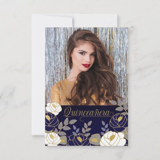 Spaans Sparen de Date Navy Blue Quinceanera Floral Save The Date (Achterkant)