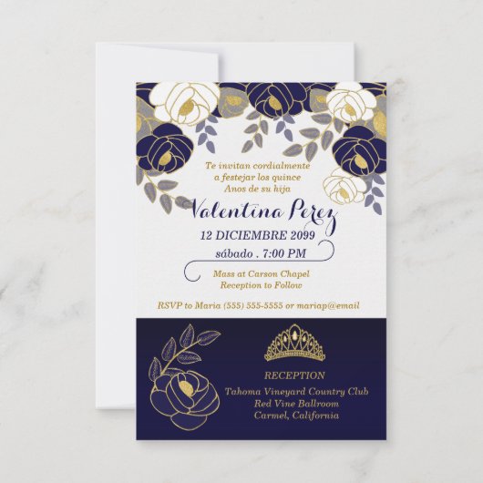 Spaans sparen de Datum Blauw Quinceanera Geen Foto Save The Date (Achterkant)