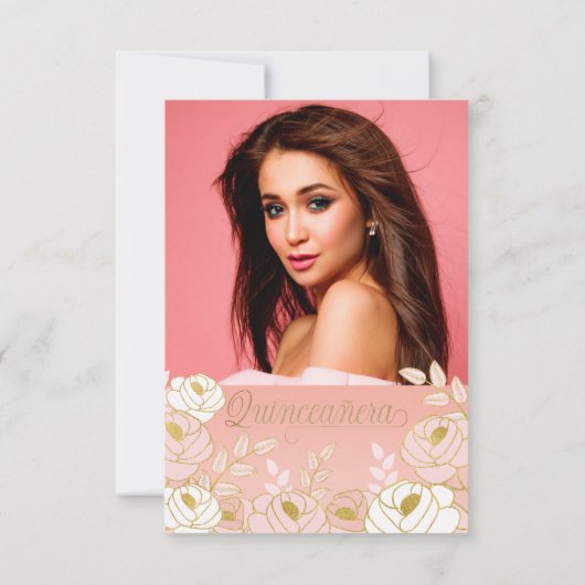 Spaans Sparen de Datum Roze Gold Quinceanera Flora Save The Date (Achterkant)