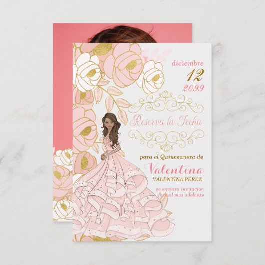 Spaans Sparen de Datum Roze Gold Quinceanera Flora Save The Date (Voorkant / Achterkant)