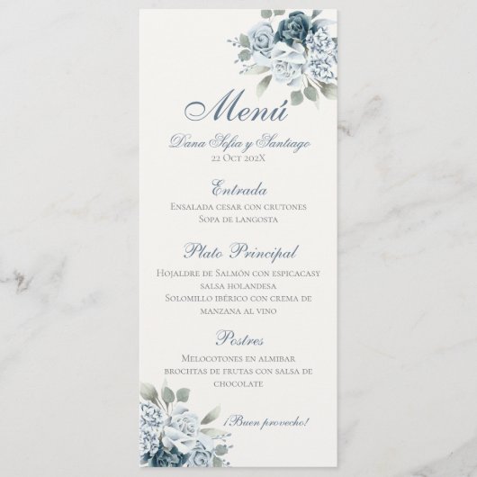 Spaans Stoffig Blauw Bruiloft Menu (Voorkant)