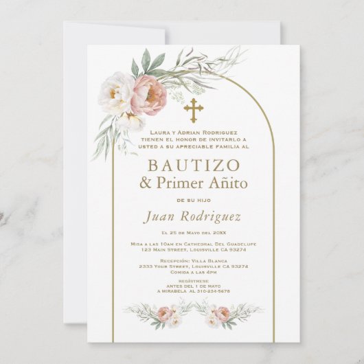 Spaans stoffig Roos Bloemen Doop 1e Verjaardag Kaart (Voorkant)