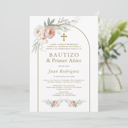 Spaans stoffig Roos Bloemen Doop 1e Verjaardag Kaart (Staand voorkant)