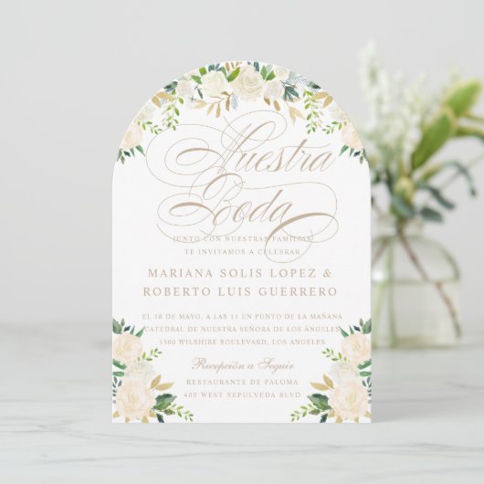 Spaans Taal Nuestra Boda flores pintadas boog Kaart (Staand voorkant)