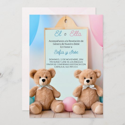 Spaans Teddy Bear Avontuur Geslacht Onthulling Kaart (Voorkant / Achterkant)